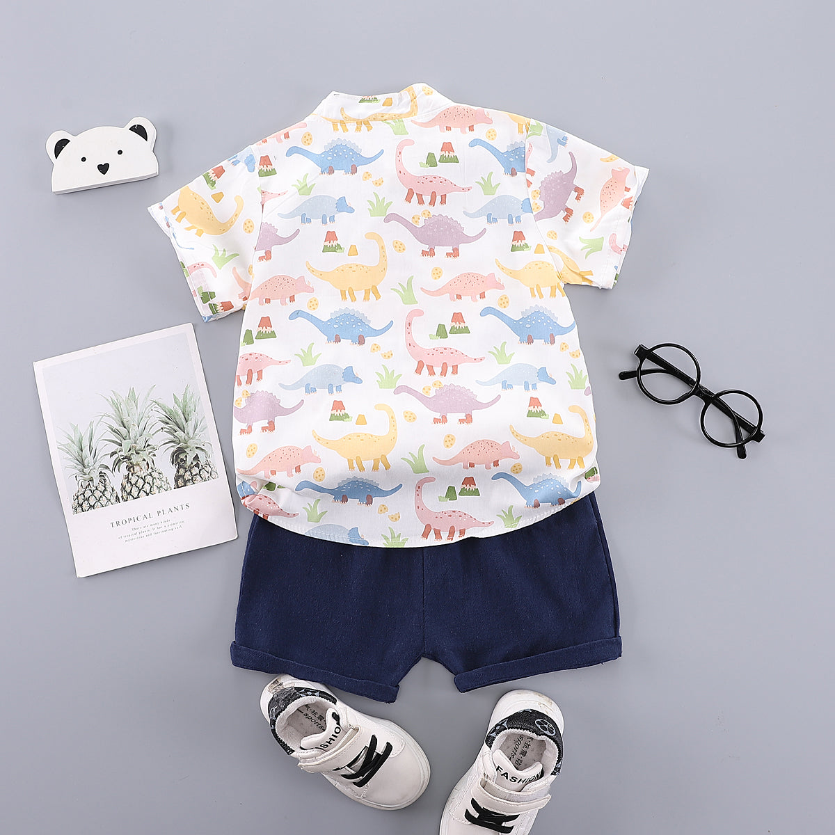 Boys White & Blue Animal Printed Mandarin Collar Shirt with Shorts