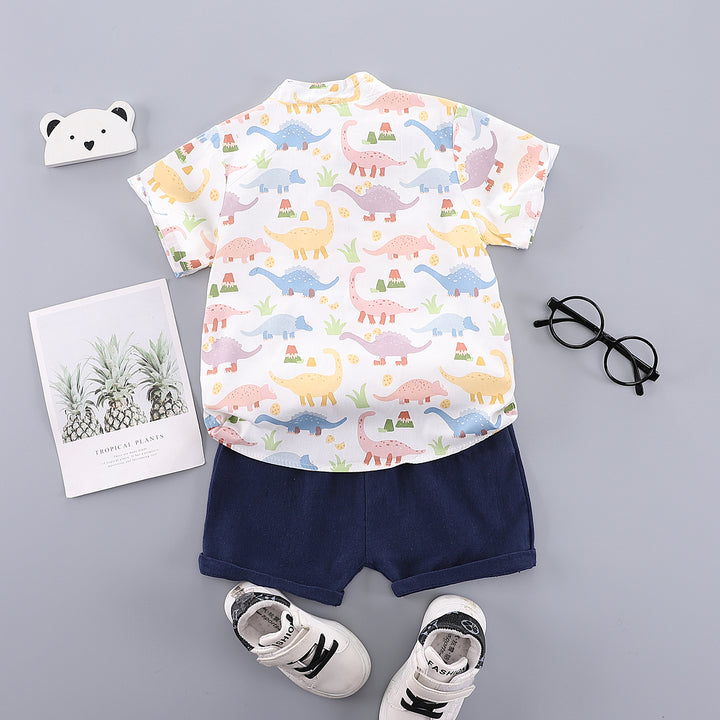 Boys White & Blue Animal Printed Mandarin Collar Shirt with Shorts