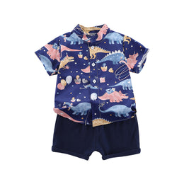 Boys Navy Blue & Pink Conversational Printed Shirt with Shorts