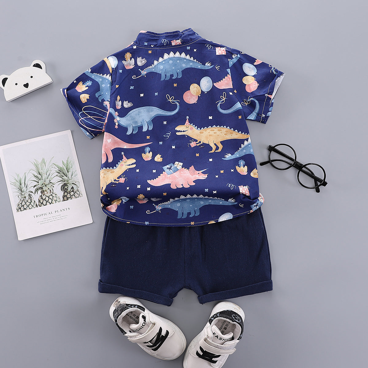 Boys Navy Blue & Pink Conversational Printed Shirt with Shorts