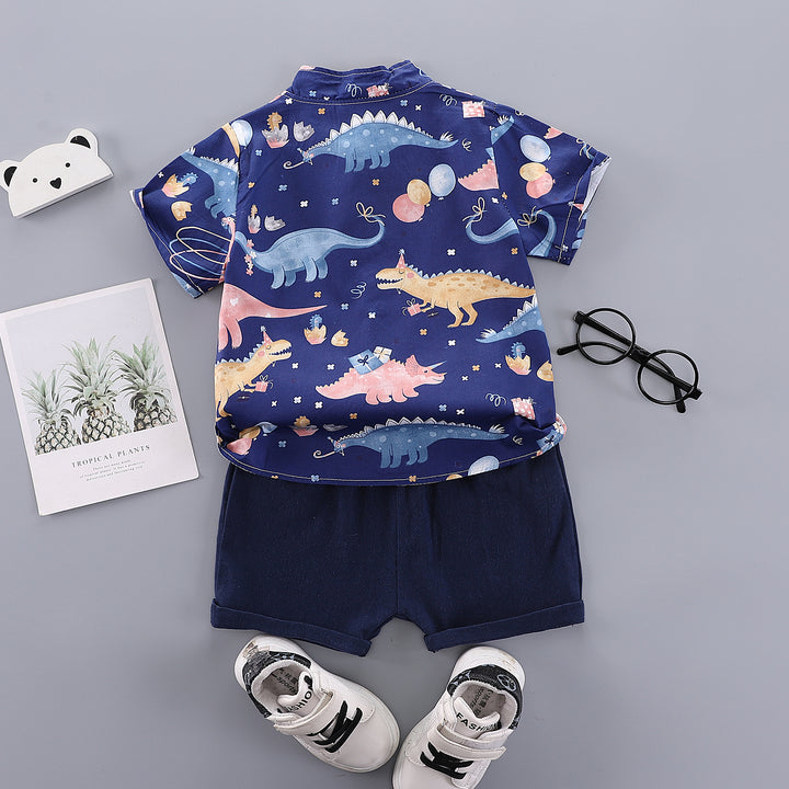 Boys Navy Blue & Pink Conversational Printed Shirt with Shorts