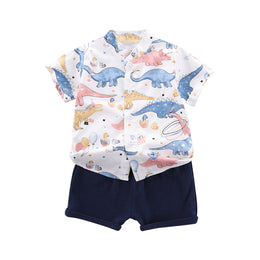Boys White & Blue Mandarin Collar Printed Shirt with Shorts