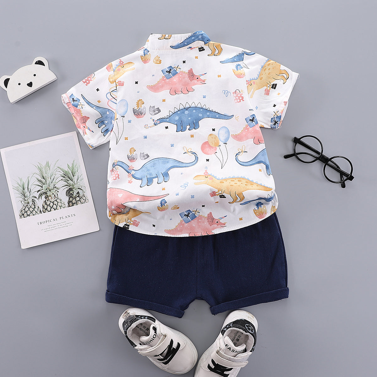 Boys White & Blue Mandarin Collar Printed Shirt with Shorts