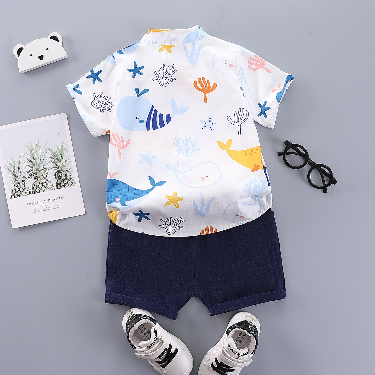 Boys White Graphic Printed Shirt with Shorts