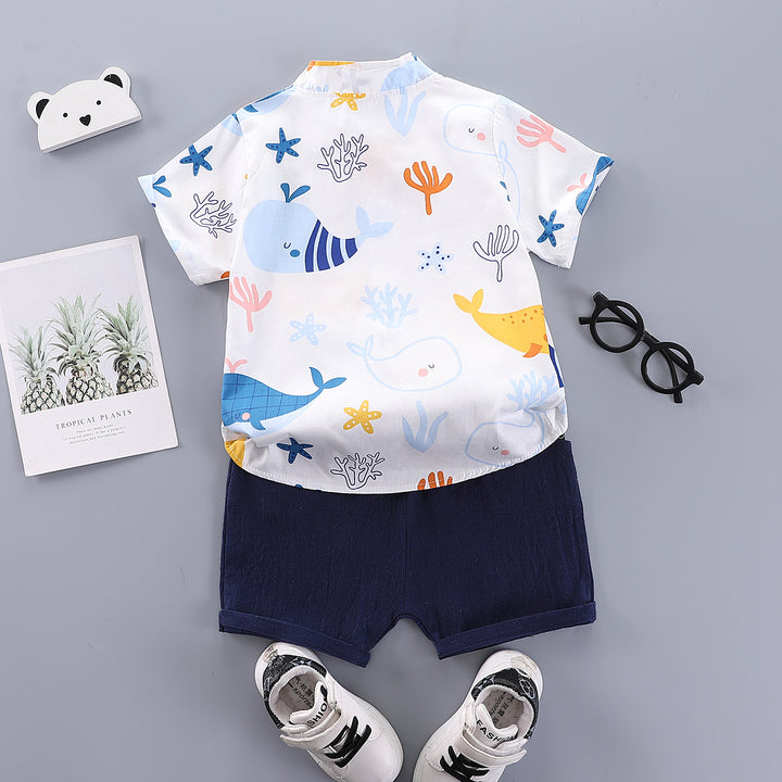 Boys White Graphic Printed Shirt with Shorts