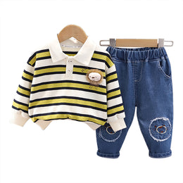 Kids Striped Polo Collar Pure Cotton Top With Trousers