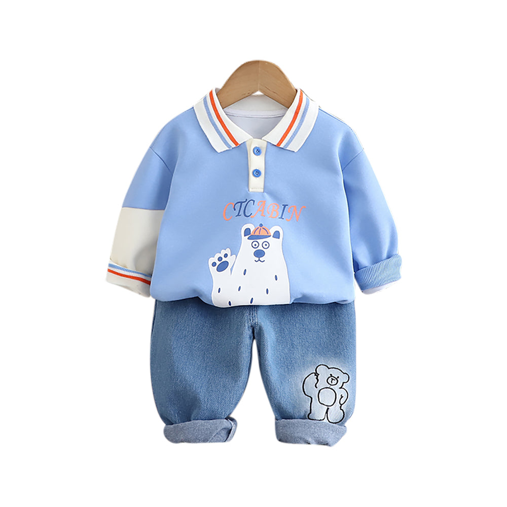 Kids Graphic Printed Polo Collar Pure Cotton T-shirt with Trousers