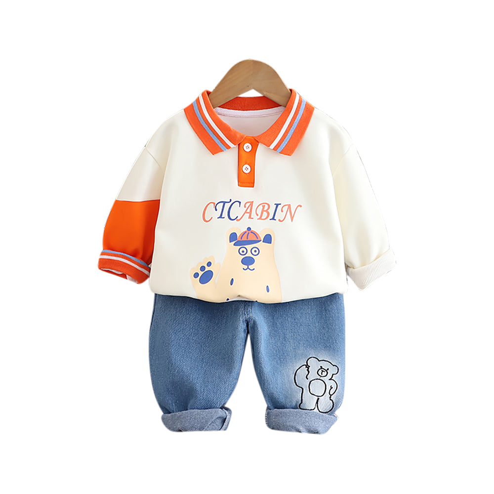 Kids Typography Printed Polo Collar Pure Cotton T-shirt with Trousers