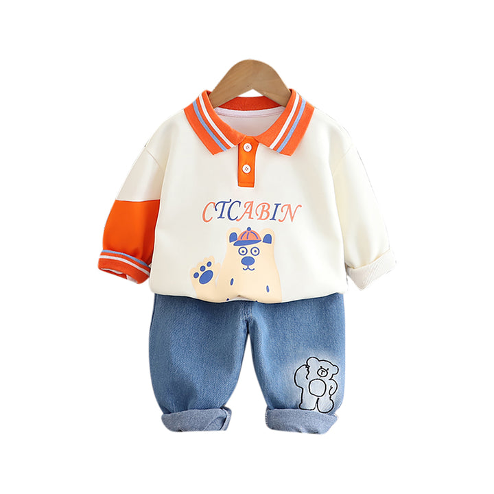 Kids Typography Printed Polo Collar Pure Cotton T-shirt with Trousers
