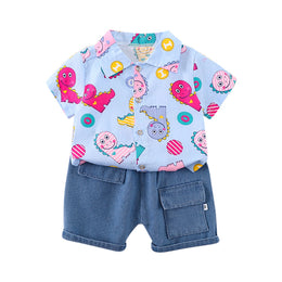 Kids Blue & Yellow Printed Pure Cotton Shirt with Shorts