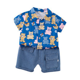 Kids Blue & Pink Printed Pure Cotton Shirt with Shorts