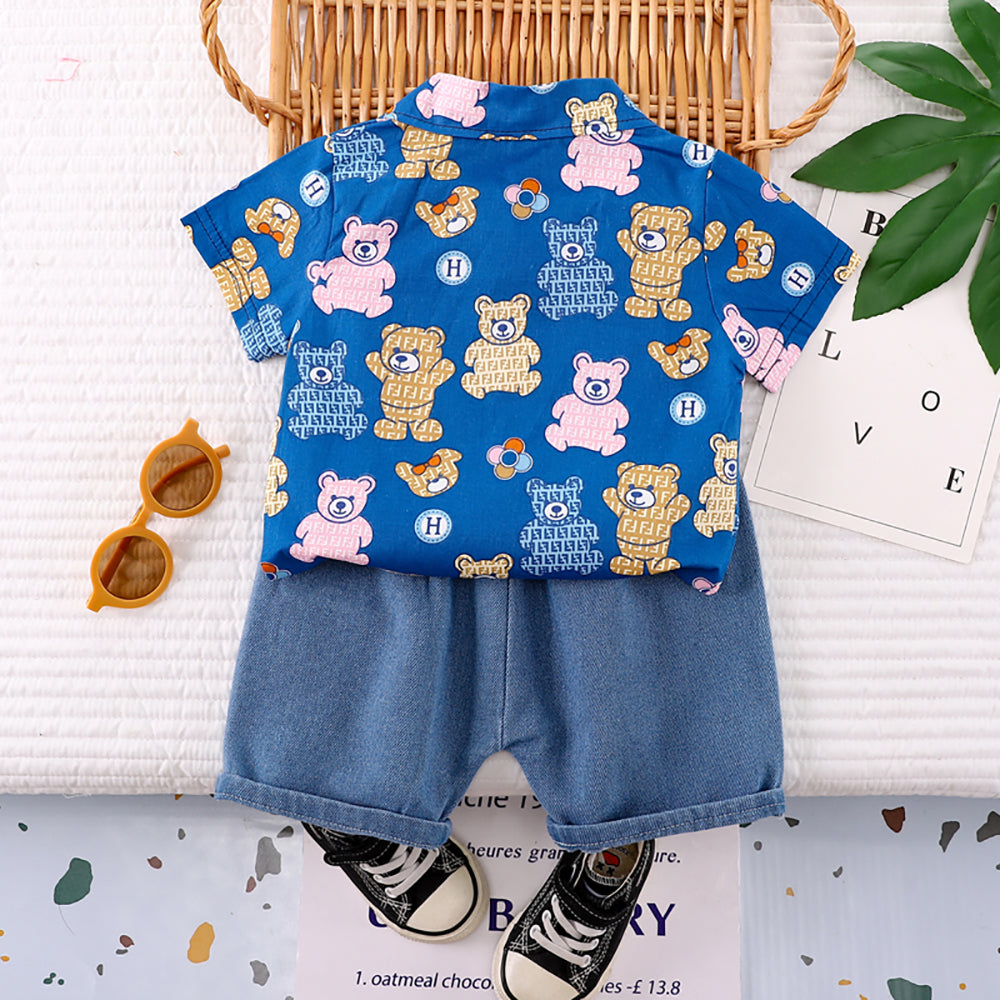 Kids Blue & Pink Printed Pure Cotton Shirt with Shorts
