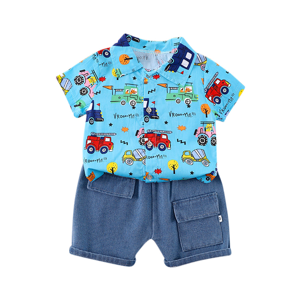 Kids Printed Shirt Collar Regular Pure Cotton Shirt With Shorts