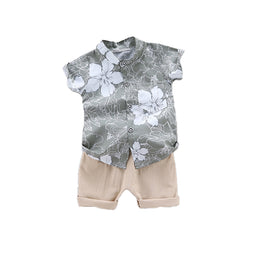 Boys Grey Floral Printed Shirt with Shorts
