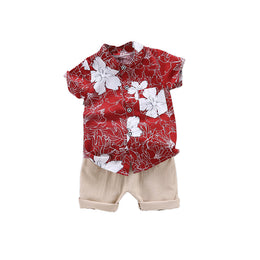 Boys Red & Beige Floral Printed Shirt with Shorts