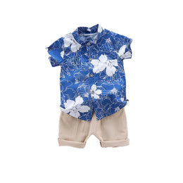 Boys Navy Blue Floral Printed Shirt with Shorts