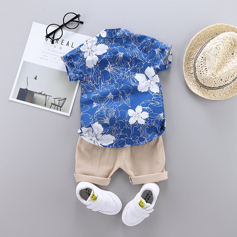 Boys Navy Blue Floral Printed Shirt with Shorts