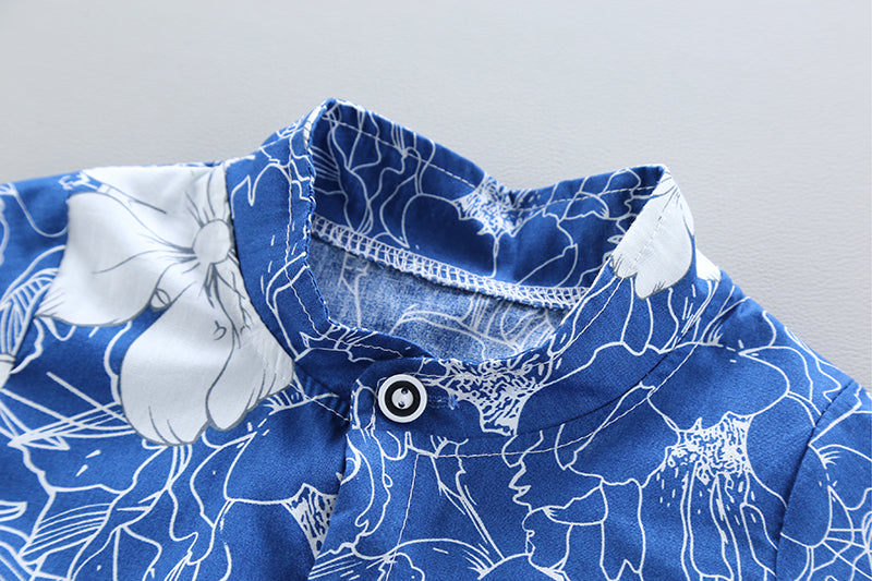 Boys Navy Blue Floral Printed Shirt with Shorts