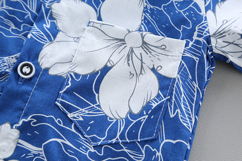 Boys Navy Blue Floral Printed Shirt with Shorts