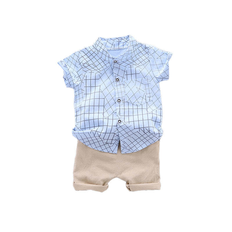 Boys Blue Checked Shirt Collar Shirt with Shorts