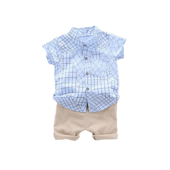 Boys Blue Checked Shirt Collar Shirt with Shorts