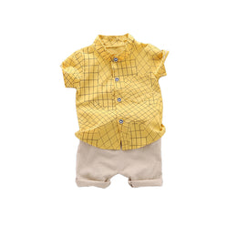 Boys Checked Shirt Collar Shirt Collar Shirt with Shorts