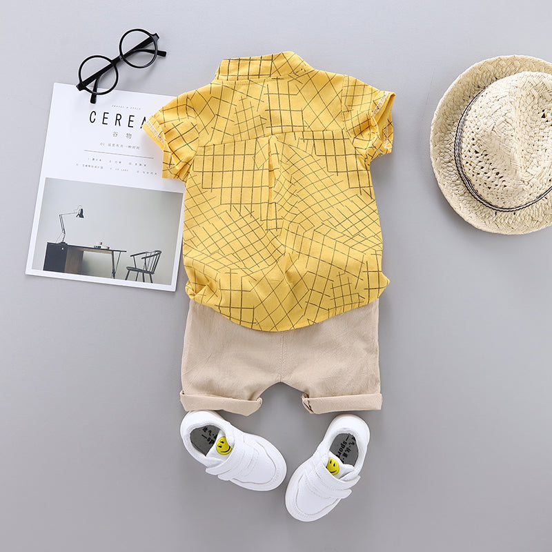 Boys Checked Shirt Collar Shirt Collar Shirt with Shorts