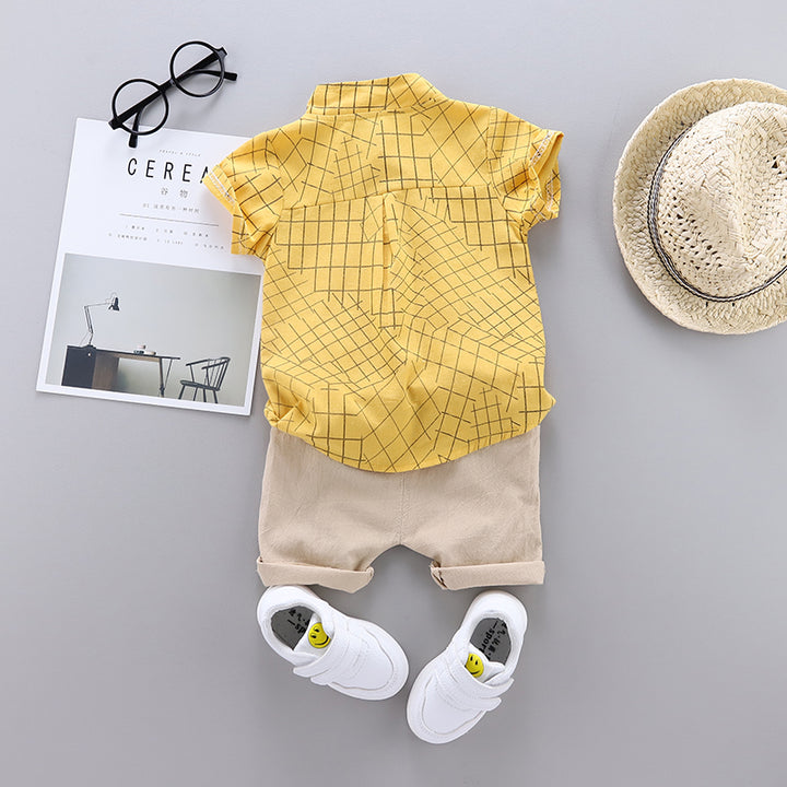 Boys Checked Shirt Collar Shirt Collar Shirt with Shorts