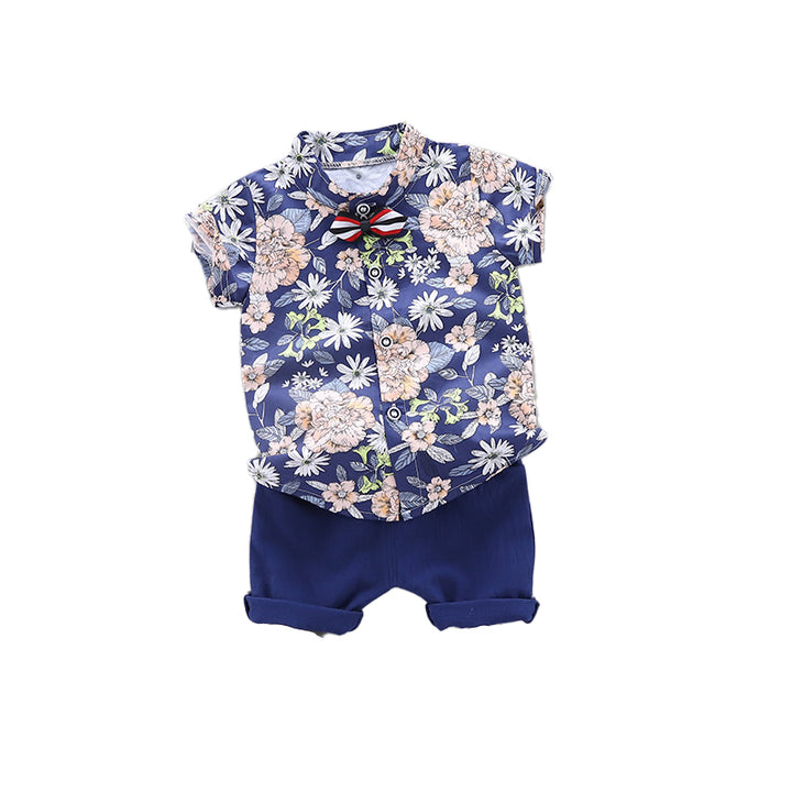 Boys Navy Blue Floral Printed Shirt with Shorts