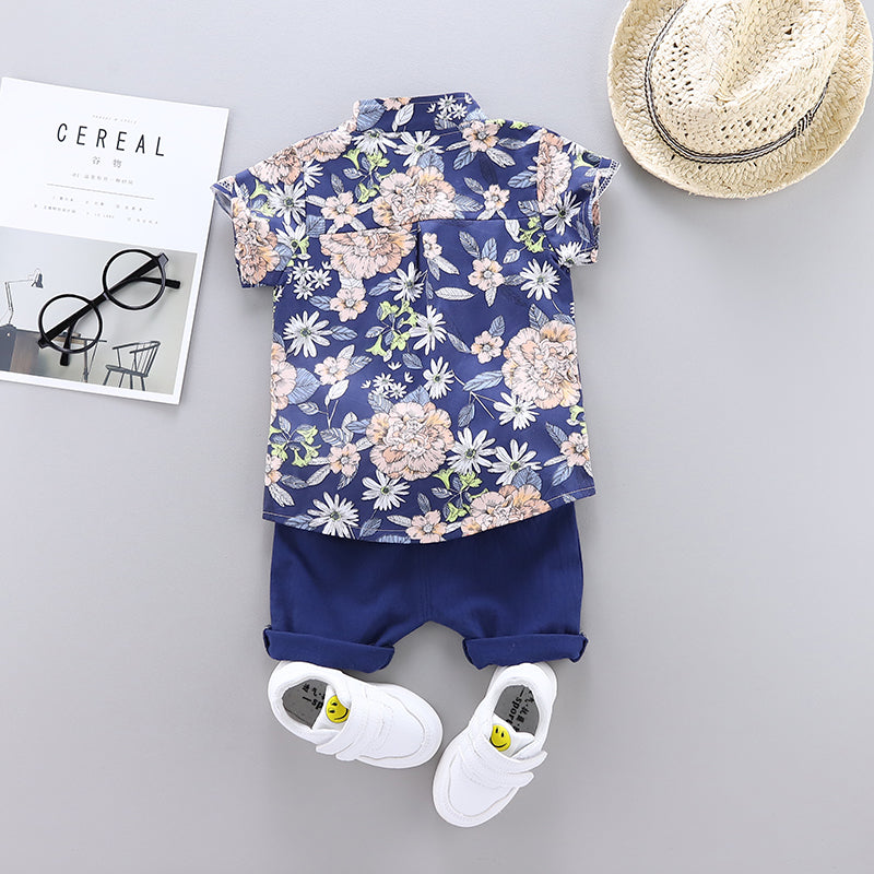 Boys Navy Blue Floral Printed Shirt with Shorts