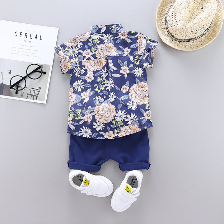 Boys Navy Blue Floral Printed Shirt with Shorts