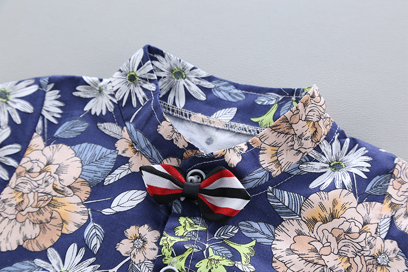 Boys Navy Blue Floral Printed Shirt with Shorts