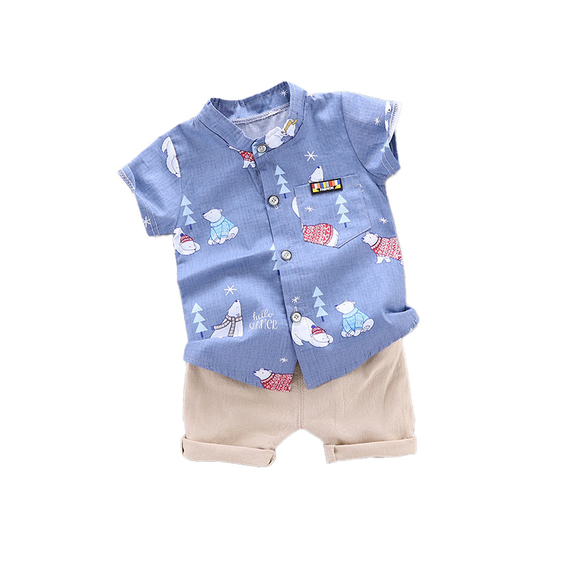 Boys Blue & Cream-Coloured Printed Shirt with Shorts