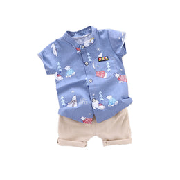 Boys Blue & Cream-Coloured Printed Shirt with Shorts