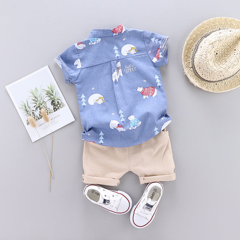 Boys Blue & Cream-Coloured Printed Shirt with Shorts