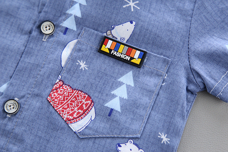 Boys Blue & Cream-Coloured Printed Shirt with Shorts