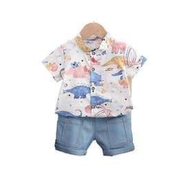 Boys White & Blue Printed Shirt with Shorts
