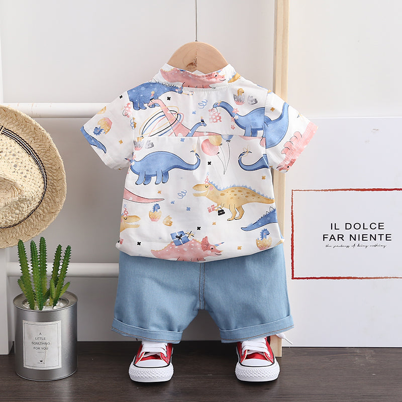 Boys White & Blue Printed Shirt with Shorts