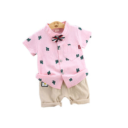 Boys Pink & Beige Printed Shirt with Shorts