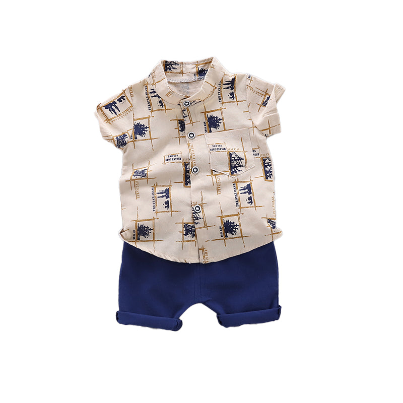 Boys Khaki Graphic Printed Shirt with Shorts