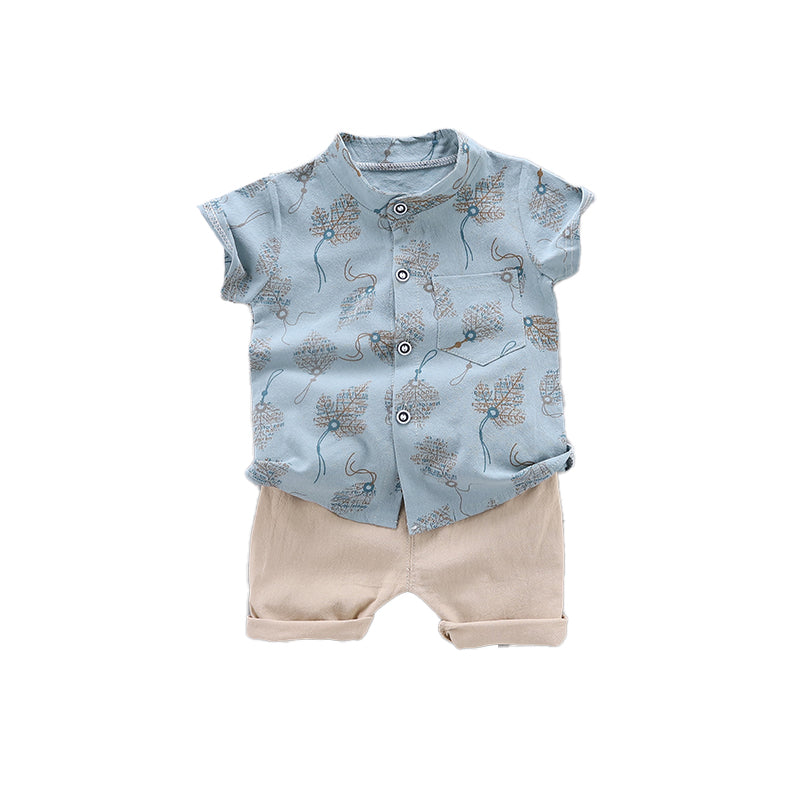 Boys Blue & Cream Printed Shirt with Shorts