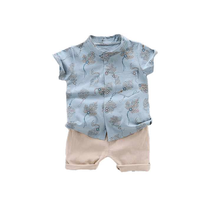 Boys Blue & Cream Printed Shirt with Shorts
