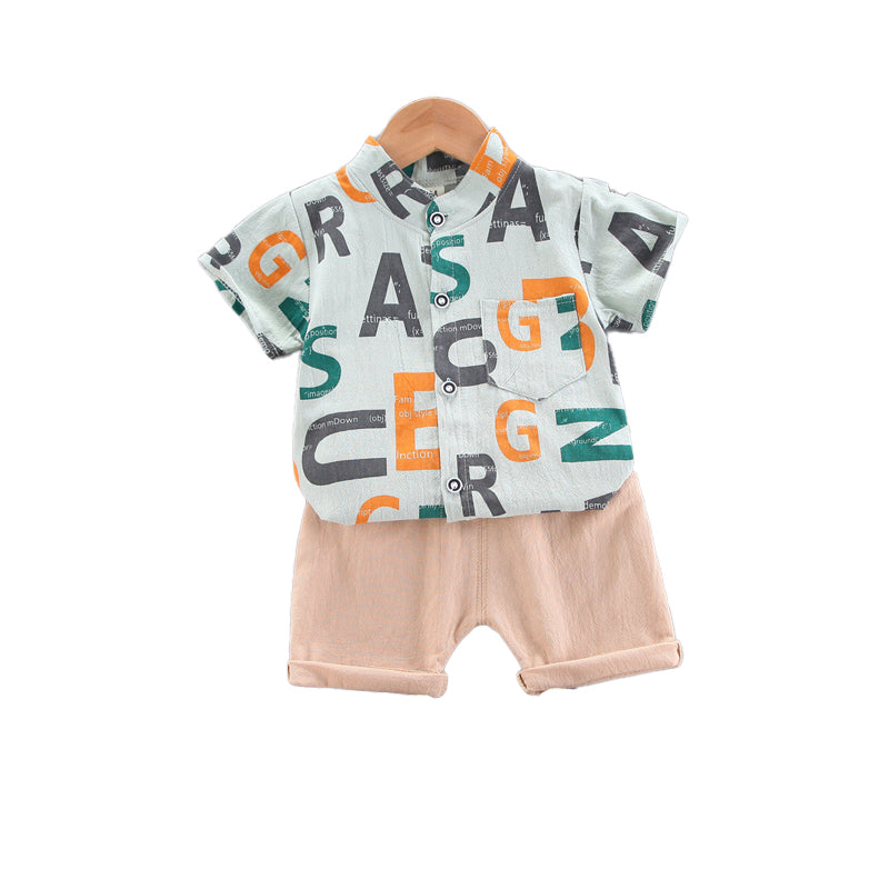 Boys Green Typography Printed Shirt with Shorts