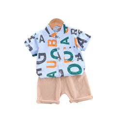 Boys Blue Typography Printed Shirt with Shorts