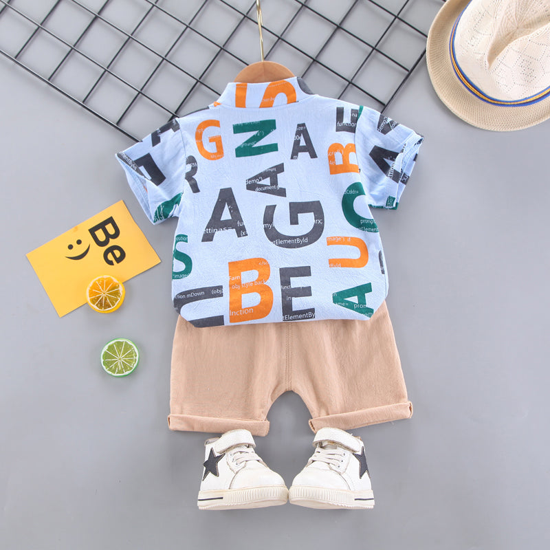Boys Blue Typography Printed Shirt with Shorts