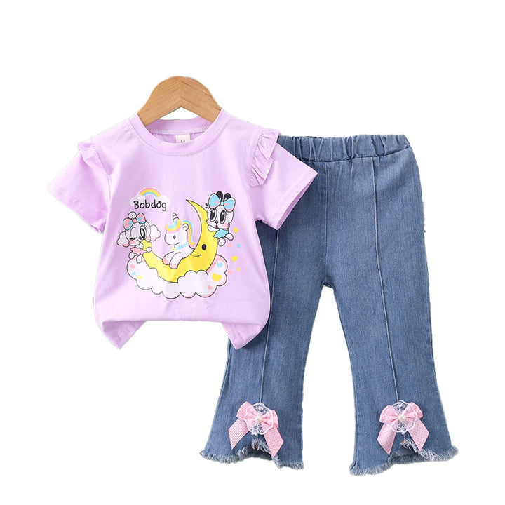 Girls Printed Round Neck T-shirt With Trousers