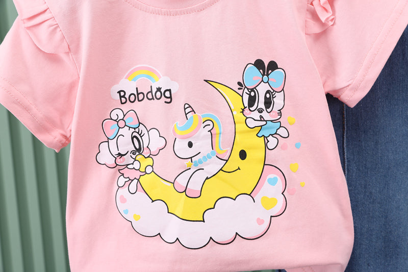 Girls PInk Graphic Printed T-shirt with Trousers