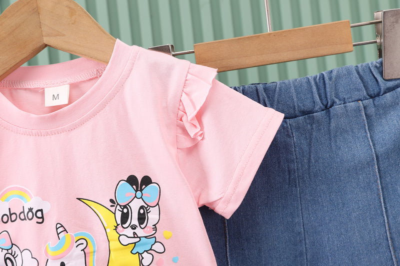 Girls PInk Graphic Printed T-shirt with Trousers