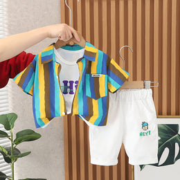 Printed T-shirt and Shirt and Shorts Set