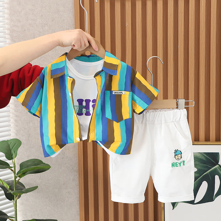 Printed T-shirt and Shirt and Shorts Set